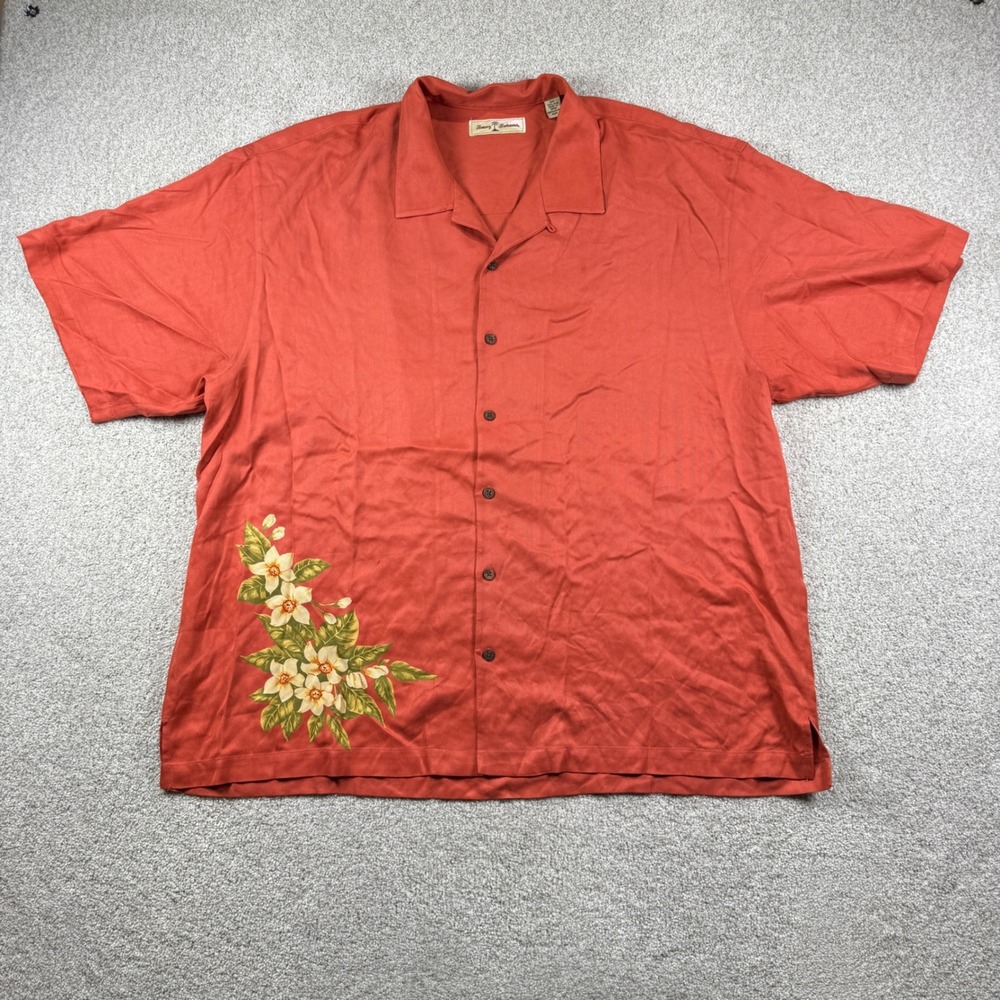 Tommy Bahama Silk Camp Shirt Mens XXL Red Tropical Floral Herringbone Button Up